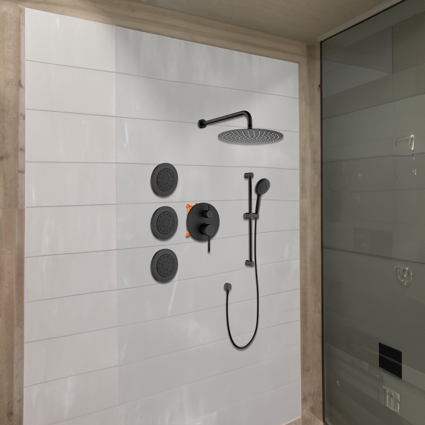 Matte Black Shower System with Shower Head Hand Shower Slide Bar Bodysprays Shower Arm Hose Valve Trim and Lever Handles
